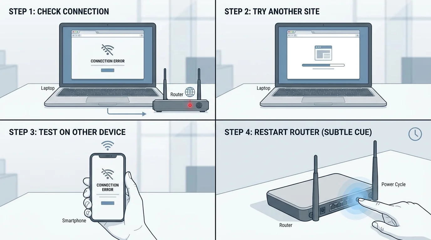 Network troubleshooting illustration showing a laptop, router, and connection checks