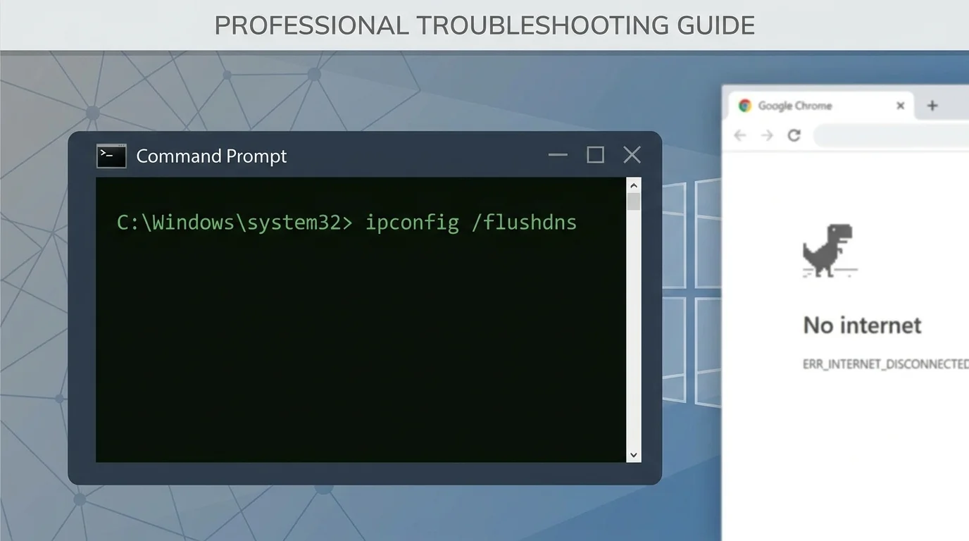Windows network troubleshooting view illustrating a DNS cache refresh for Chrome connection problems