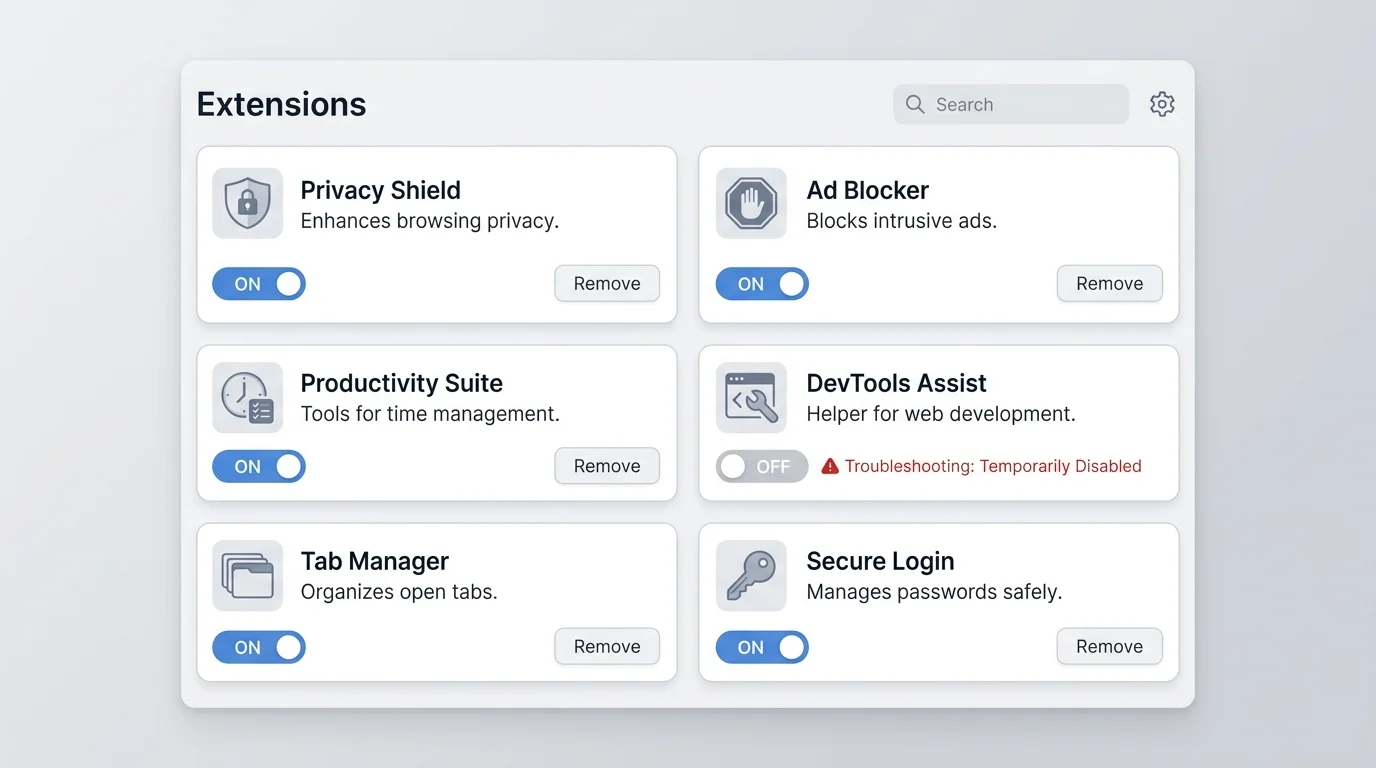 Chrome extension management screen with generic extensions that can be disabled during troubleshooting