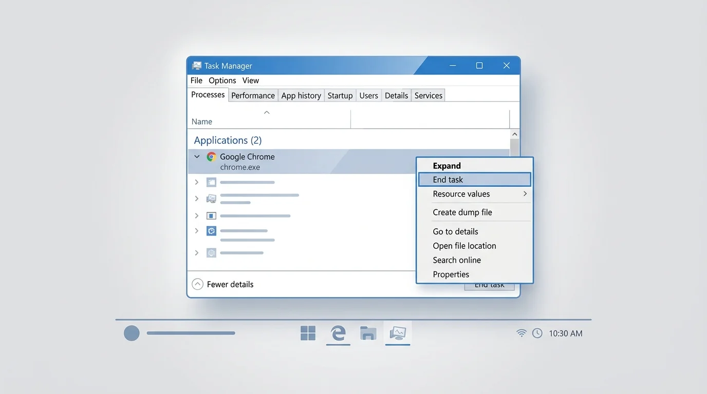 Illustration of a desktop process manager with a Chrome process selected for troubleshooting