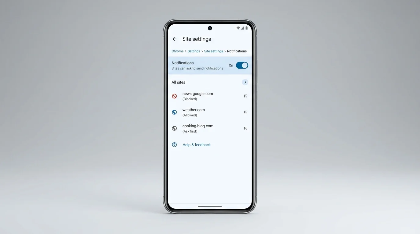 Android phone showing Chrome site notification settings