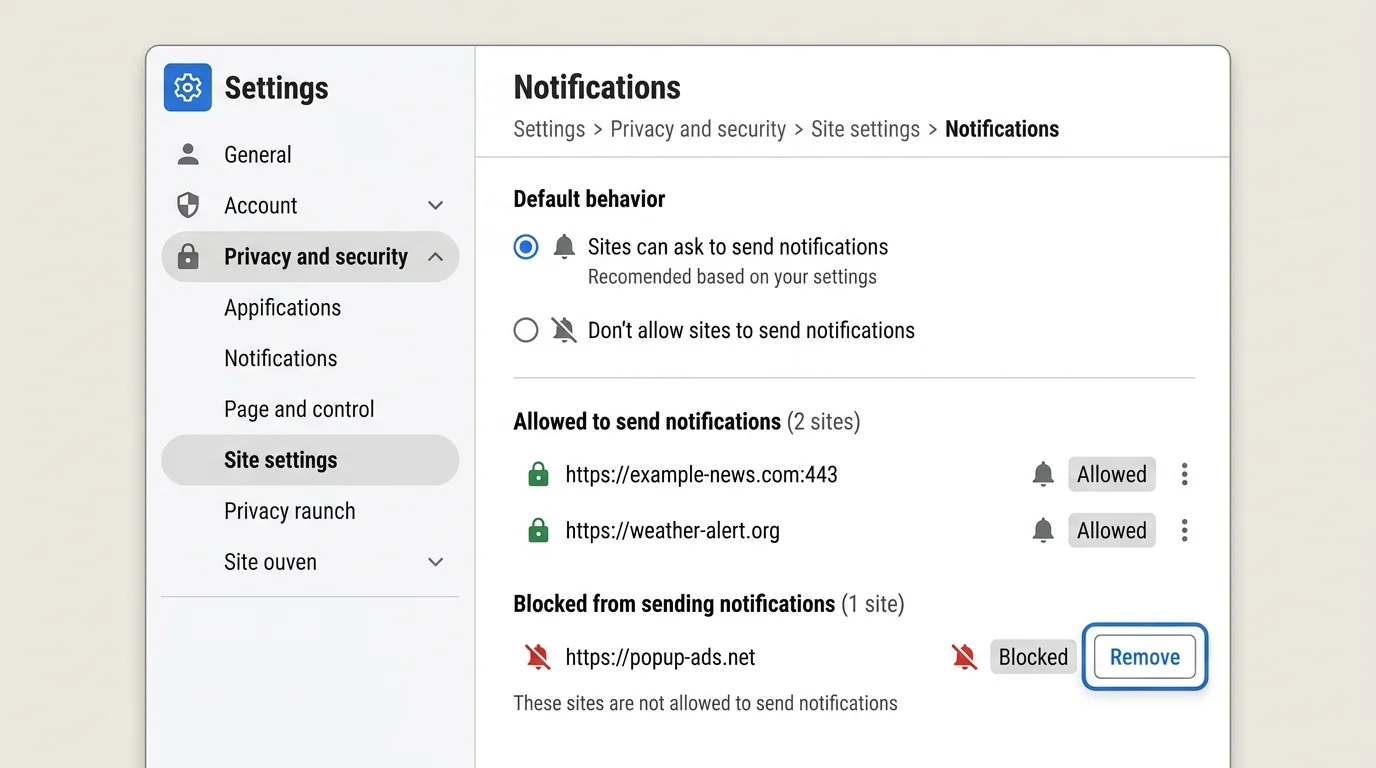 Desktop Chrome-style settings showing the Notifications permission control