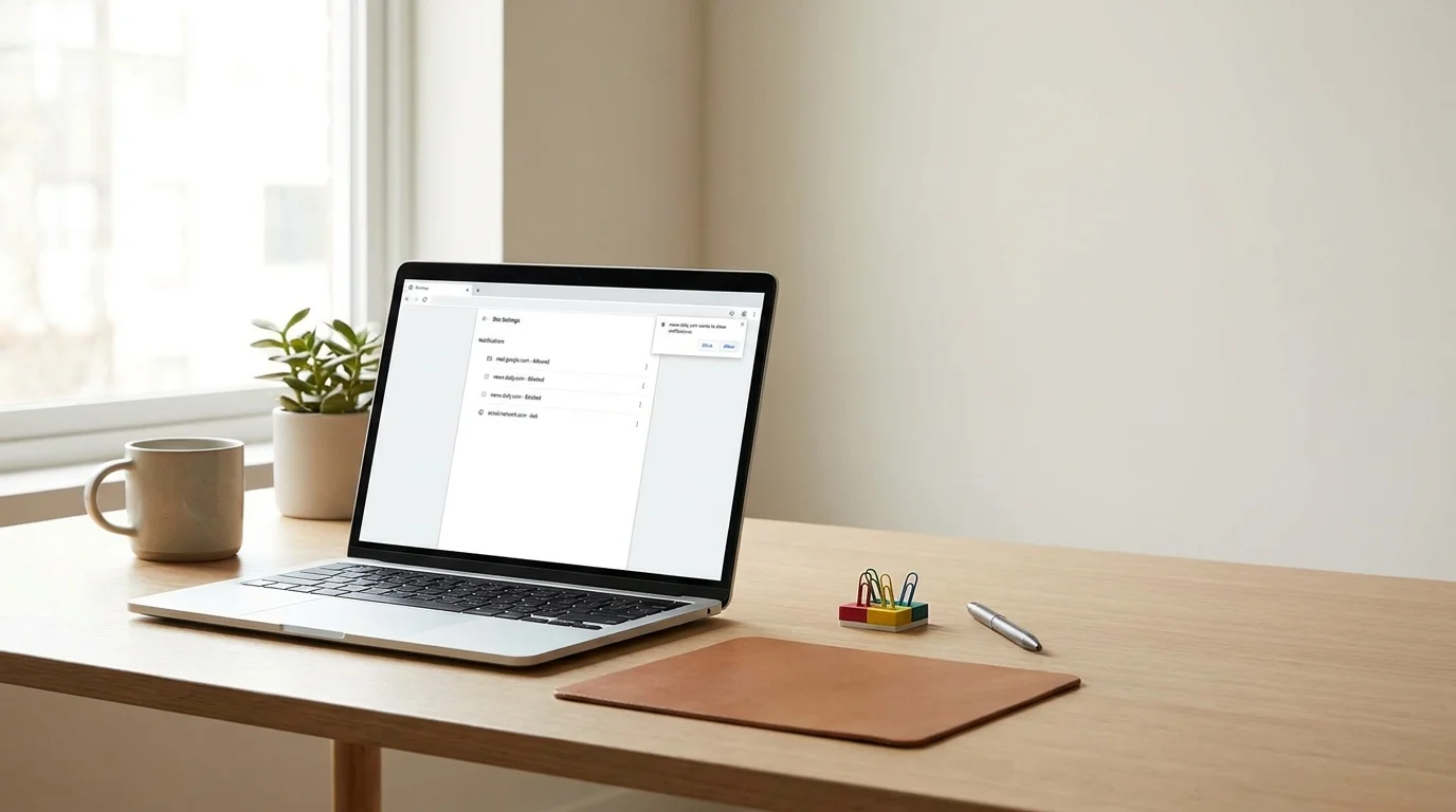 Laptop displaying a Chrome-style website notification settings screen