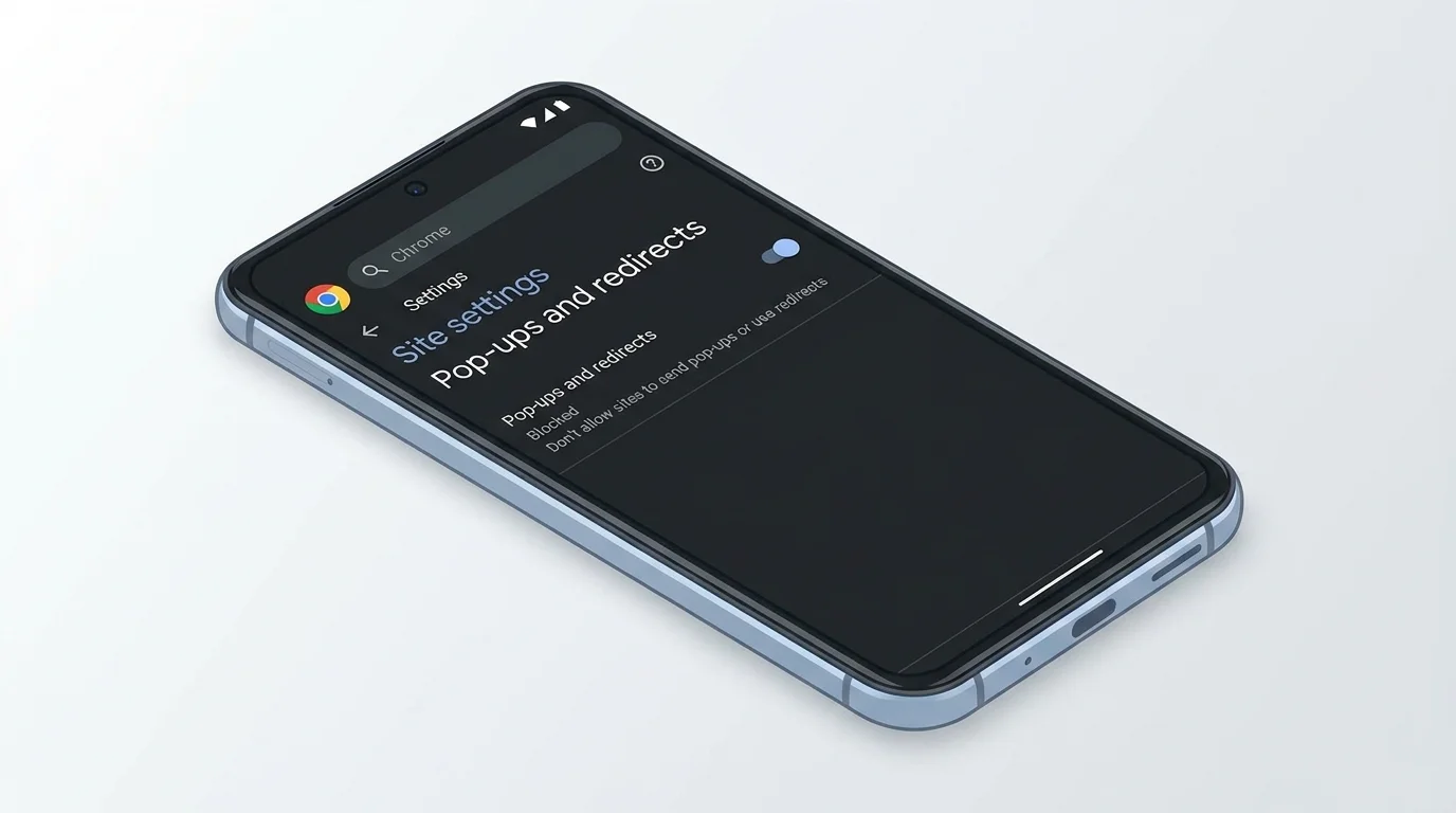 Android phone displaying Chrome Site settings with Pop-ups and redirects