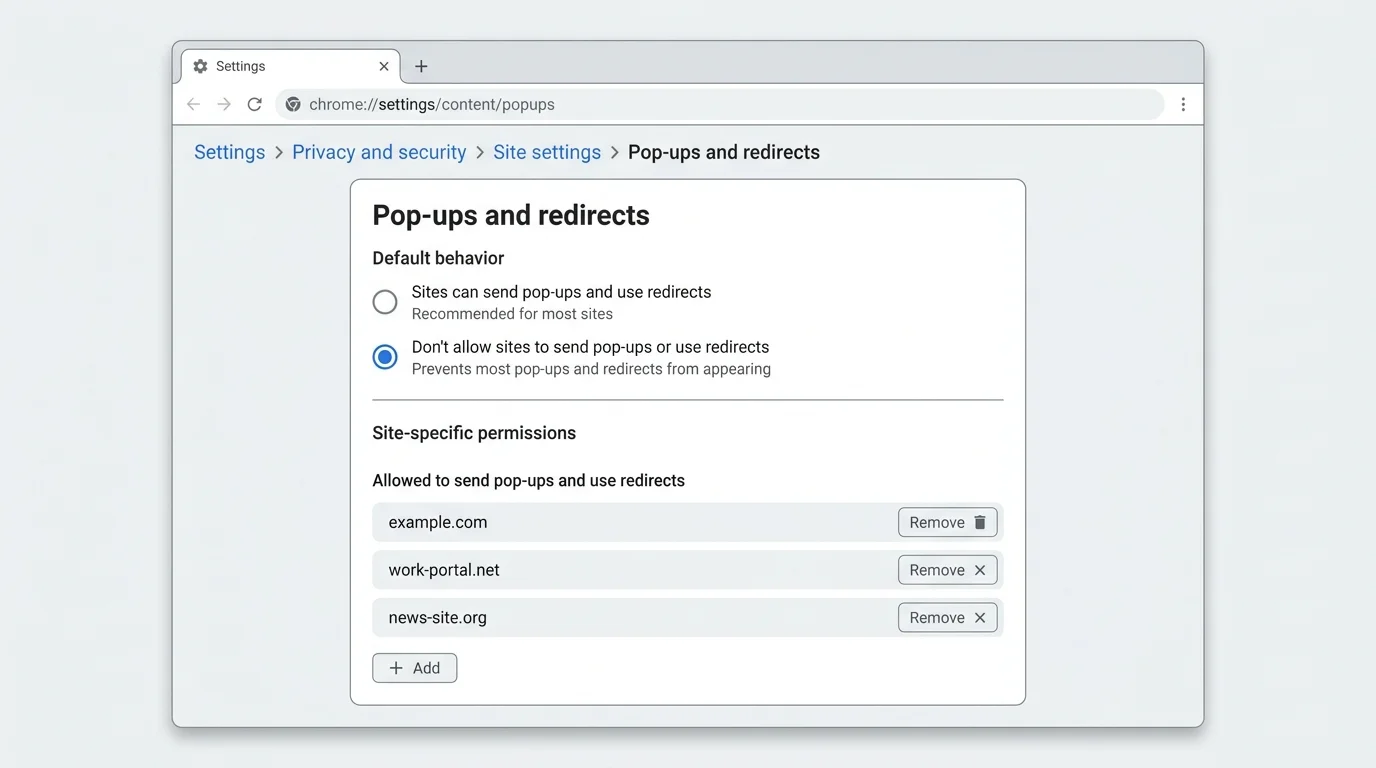 Chrome desktop Site settings page with Pop-ups and redirects selected