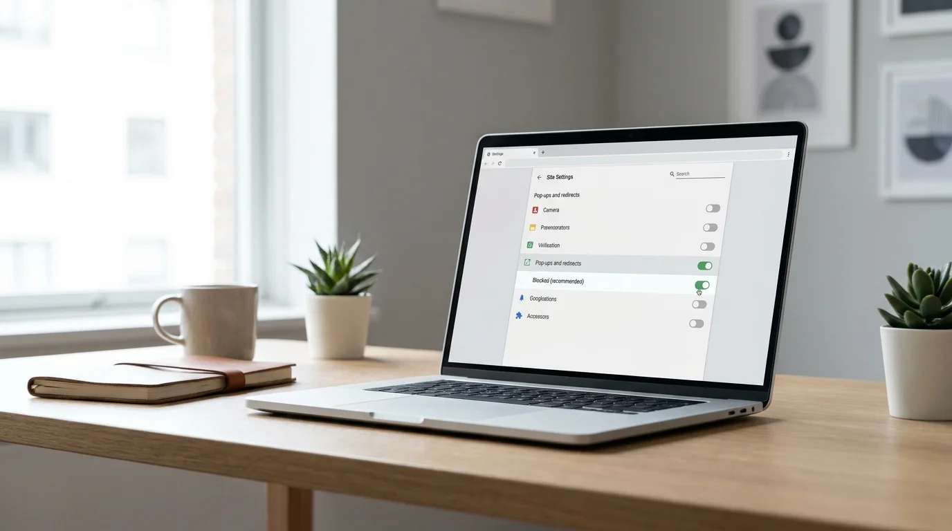 Laptop showing a Chrome-style pop-up and redirect settings panel