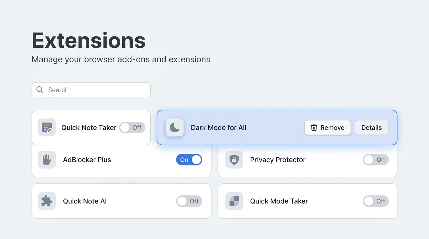 Chrome extensions manager showing extension cards and Remove controls
