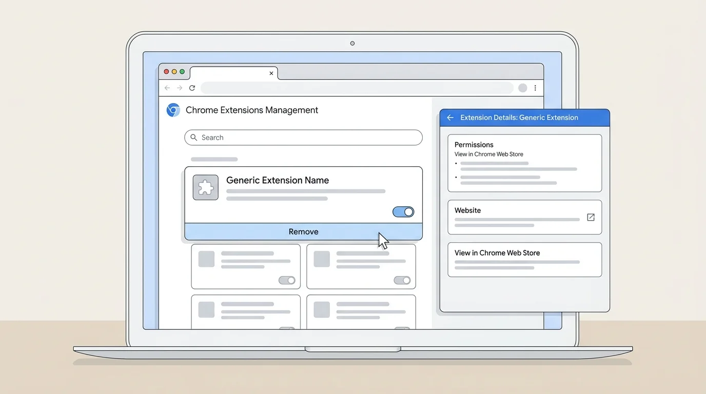 Browser extension manager highlighting an unfamiliar extension and its removal option
