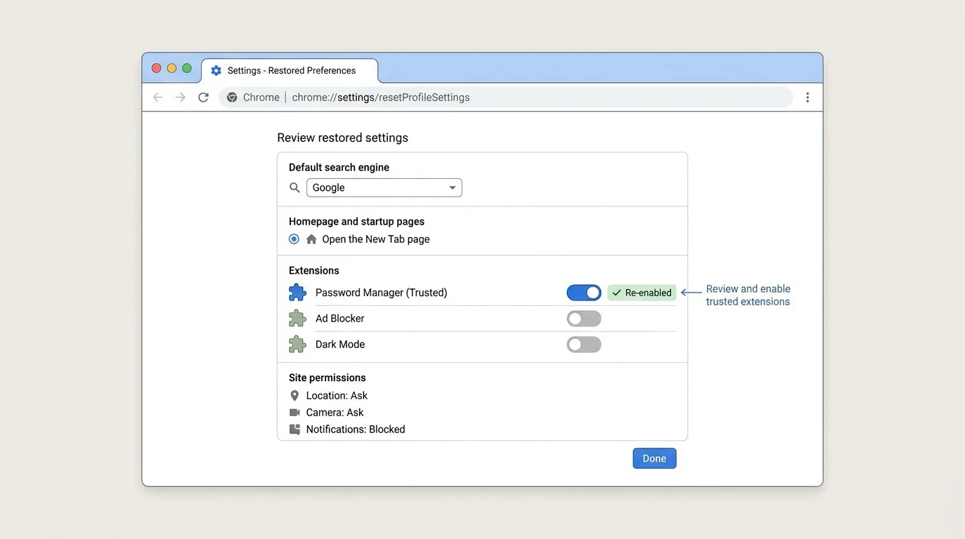 Clean Chrome-inspired browser screen representing checking settings after a reset
