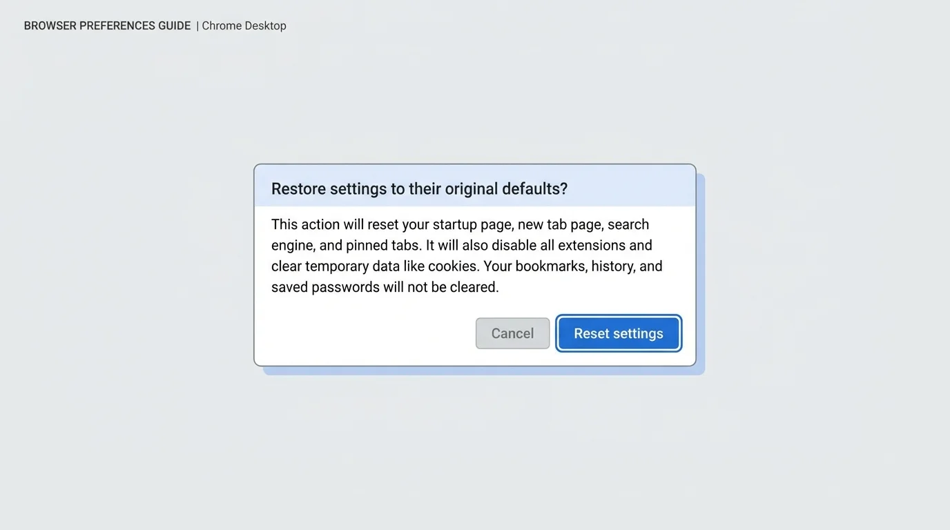 Illustration of a browser reset confirmation dialog with a clear Reset settings action