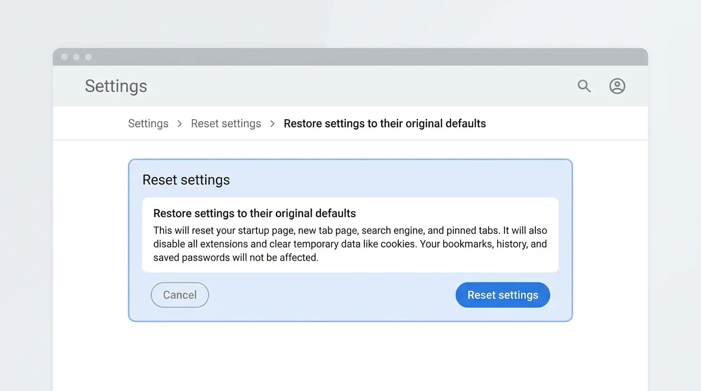 Chrome-inspired Settings navigation with the Reset settings section highlighted