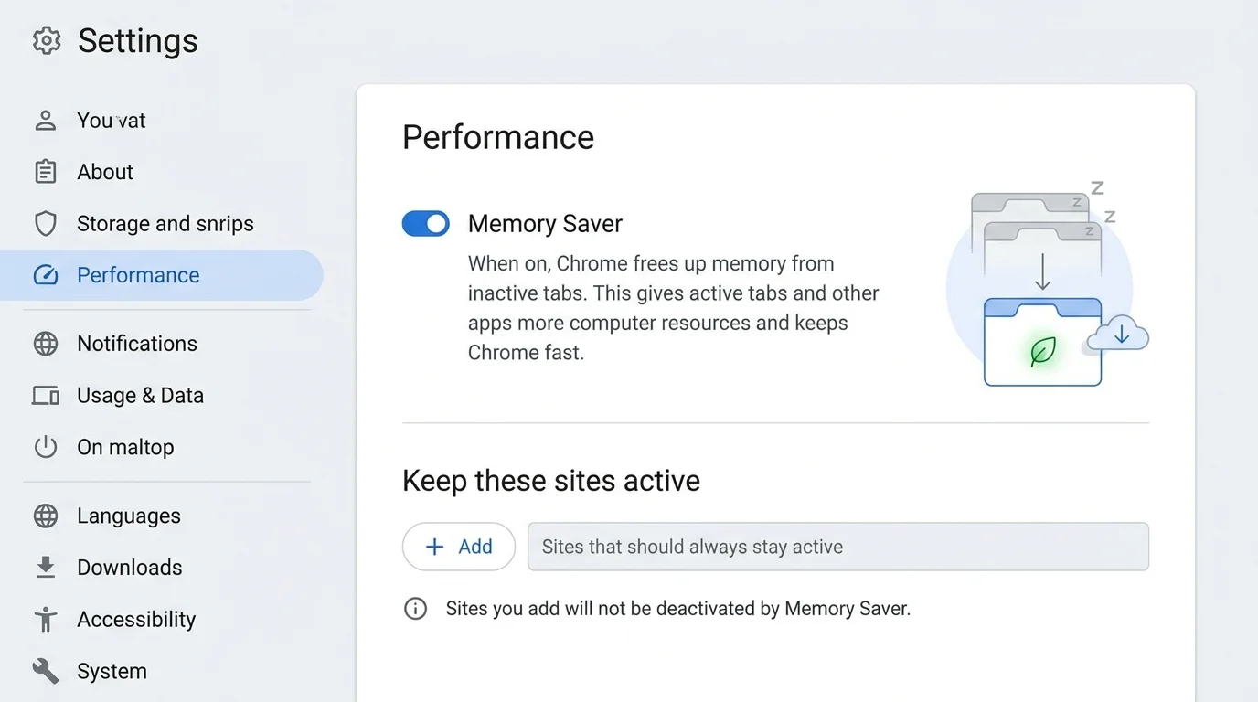 Chrome-inspired Performance settings panel illustrating Memory Saver on a desktop browser