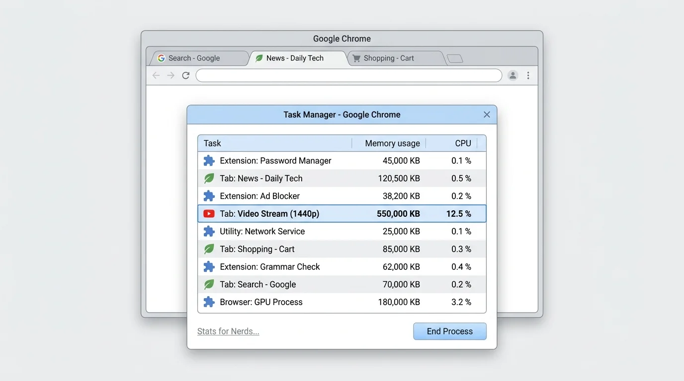 Illustration of Chrome Task Manager with a generic browser task selected for resource troubleshooting