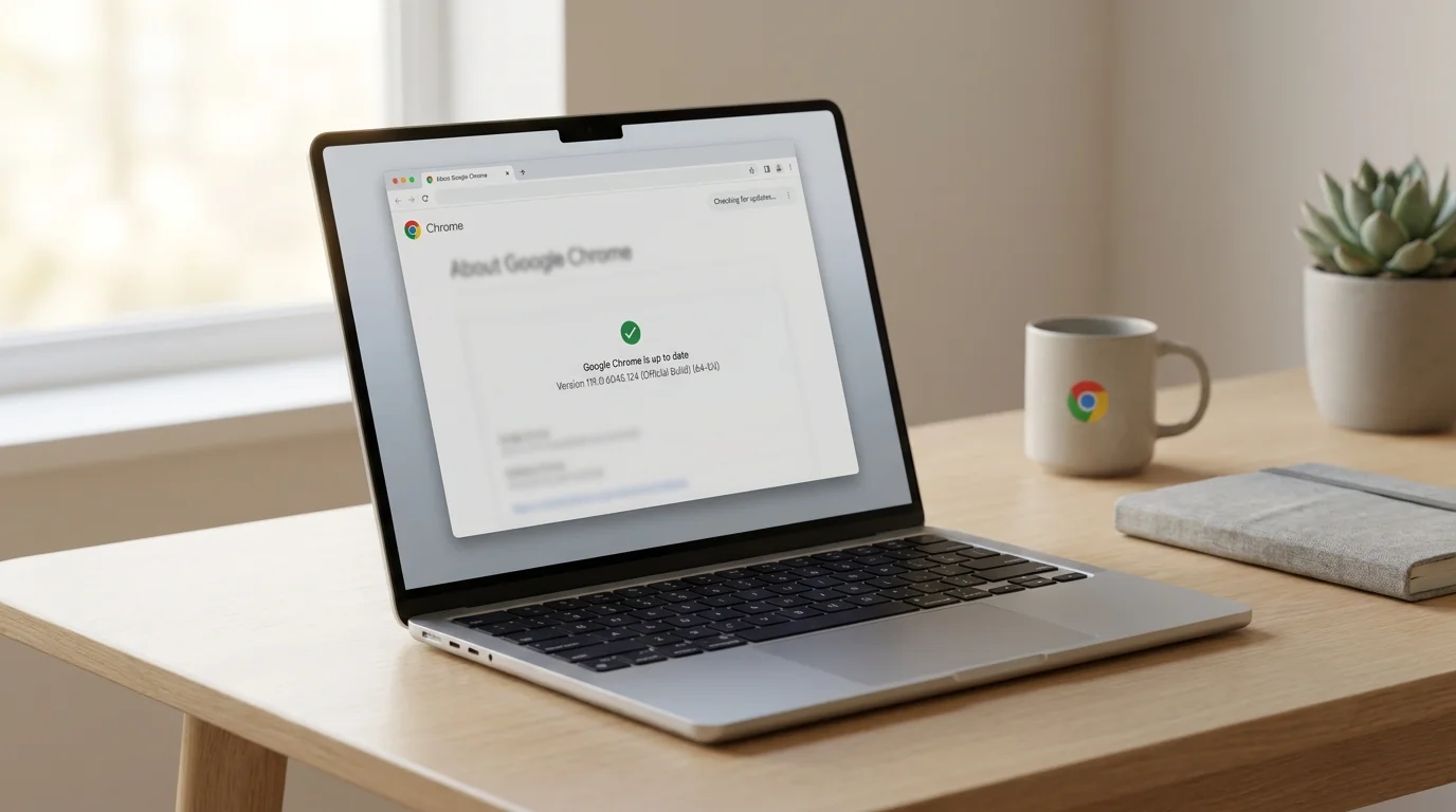 Laptop showing Google Chrome with the About Chrome update screen open