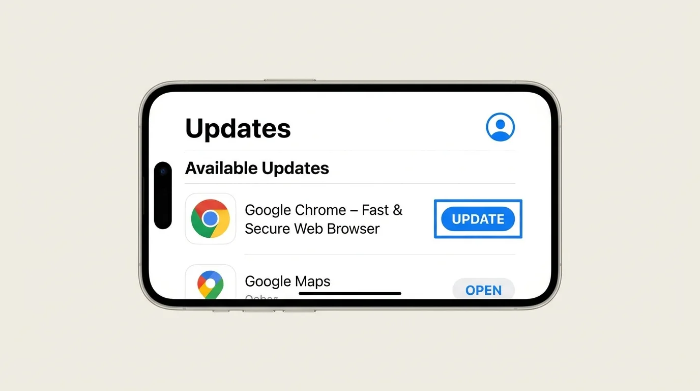 Apple App Store account page showing Google Chrome in the available app updates list
