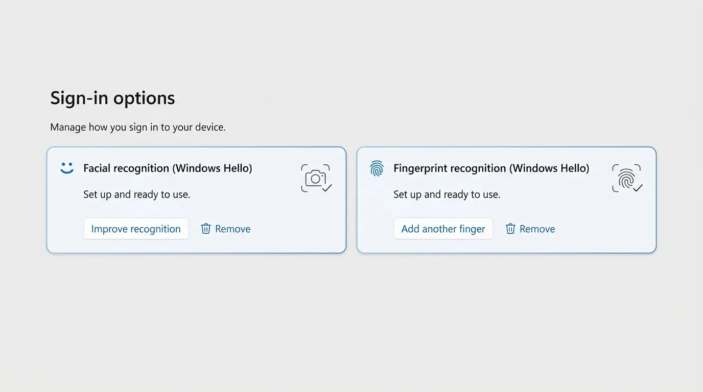 Illustration comparing Windows Hello face recognition and fingerprint recognition with remove controls in Windows settings