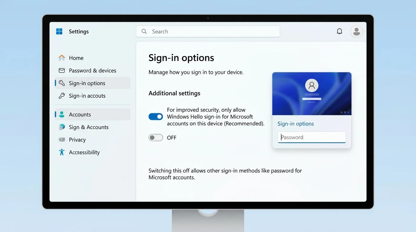 Illustrative Windows 11 Additional settings panel with the Windows Hello-only sign-in toggle and password sign-in guidance
