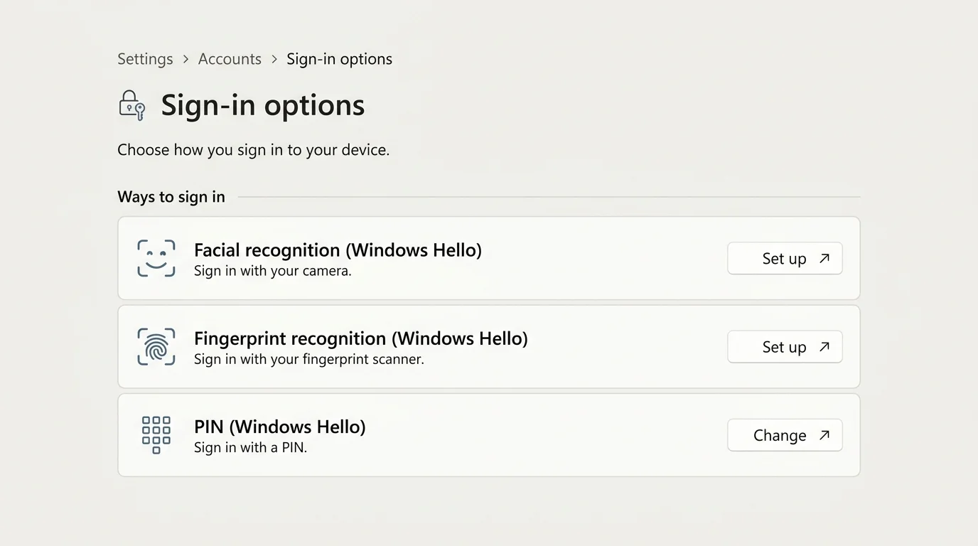 Illustrative Windows 11 Settings page showing Accounts, Sign-in options, and the Windows Hello methods