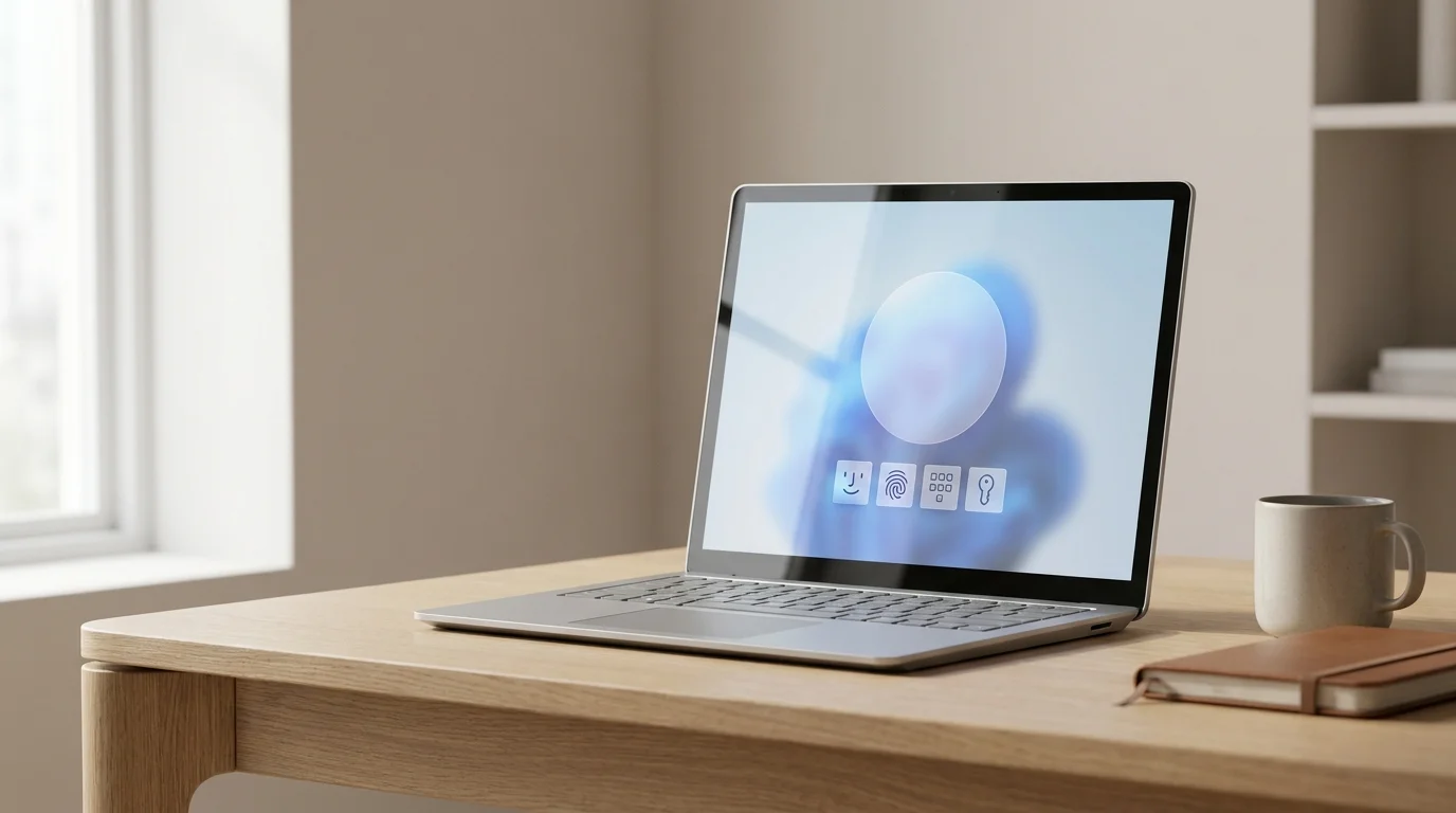 Windows 11 laptop with an illustrative sign-in screen showing password and Windows Hello options