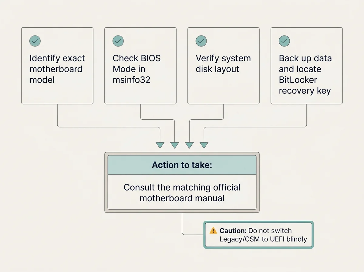 Pre-check diagram showing UEFI mode, partition layout, recovery-key availability, and exact motherboard documentation as checks before changing Gigabyte Secure Boot settings