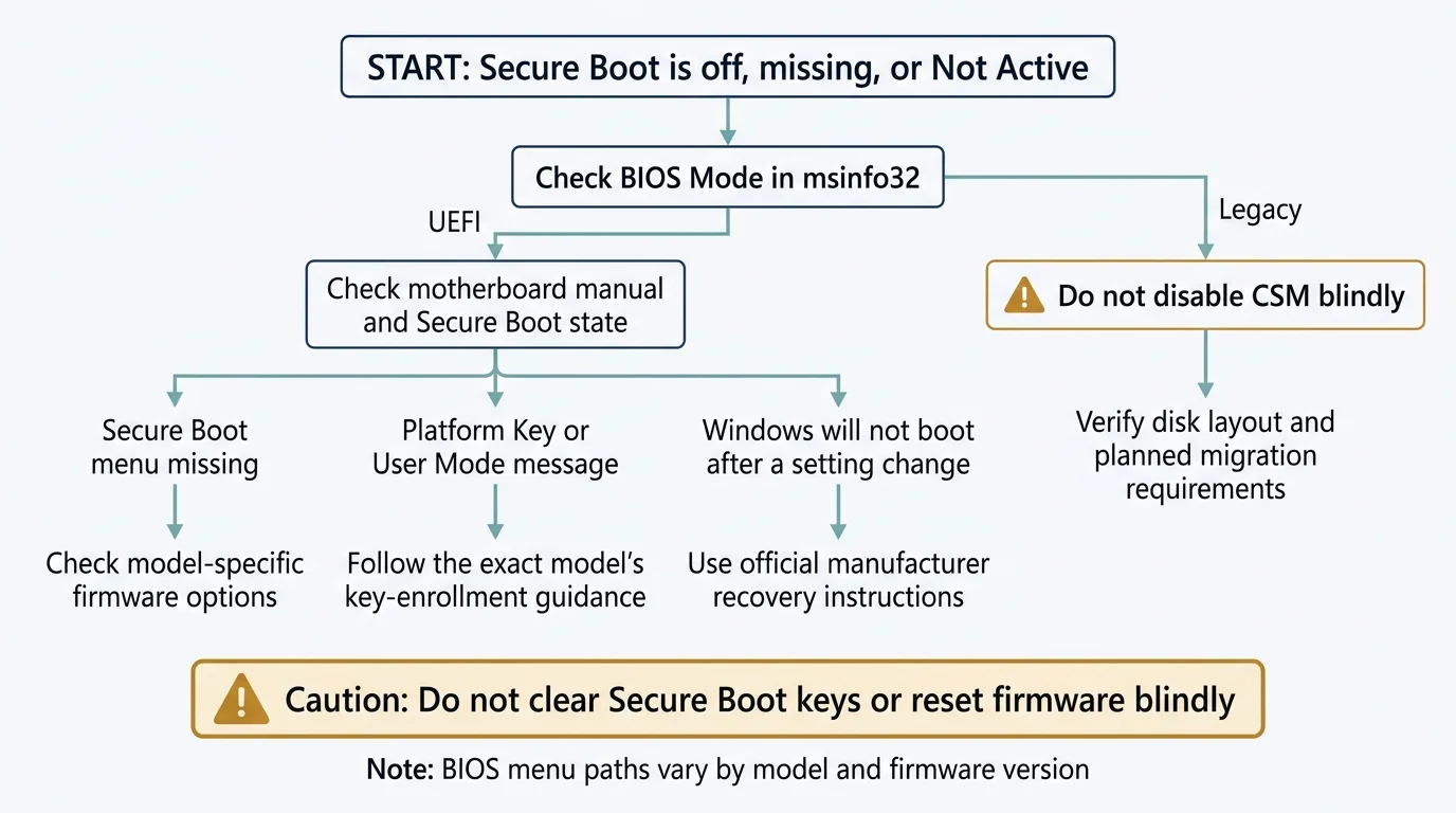 Troubleshooting flowchart for Gigabyte Secure Boot problems, including missing menu, Not Active state, User Mode message, and boot failure after firmware changes