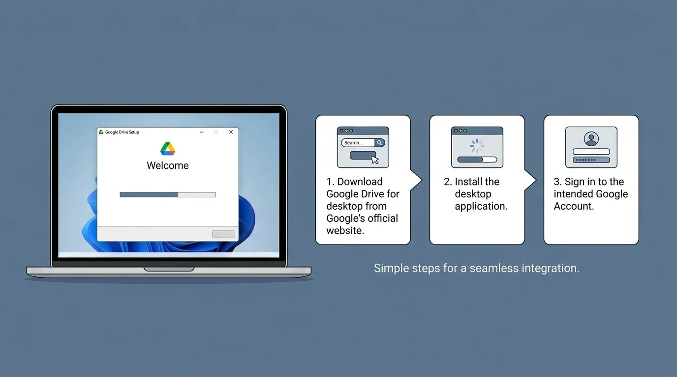 Illustration of installing Google Drive for desktop and signing in to a Google Account