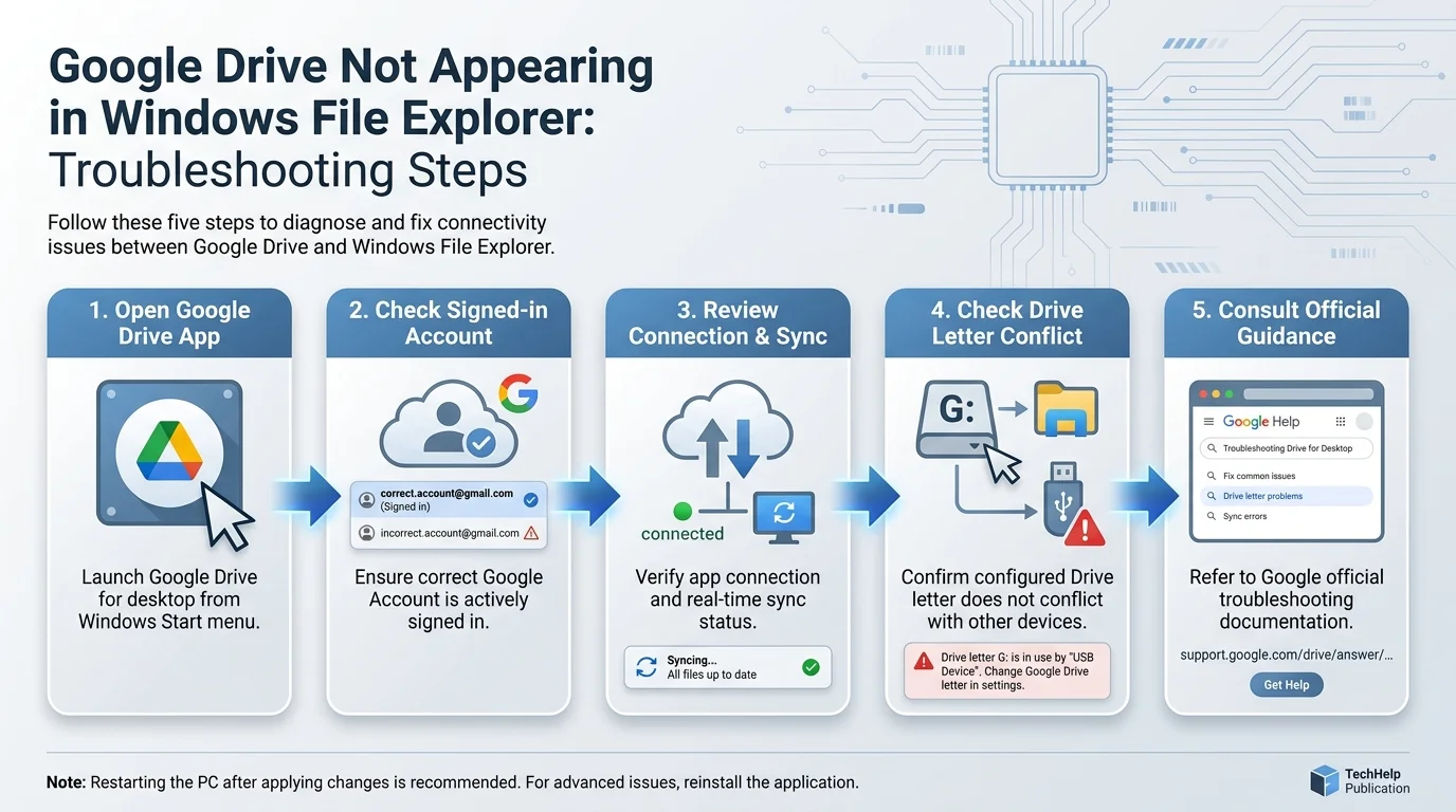 Troubleshooting illustration showing Google Drive for desktop, File Explorer, a drive letter, and sync status checks