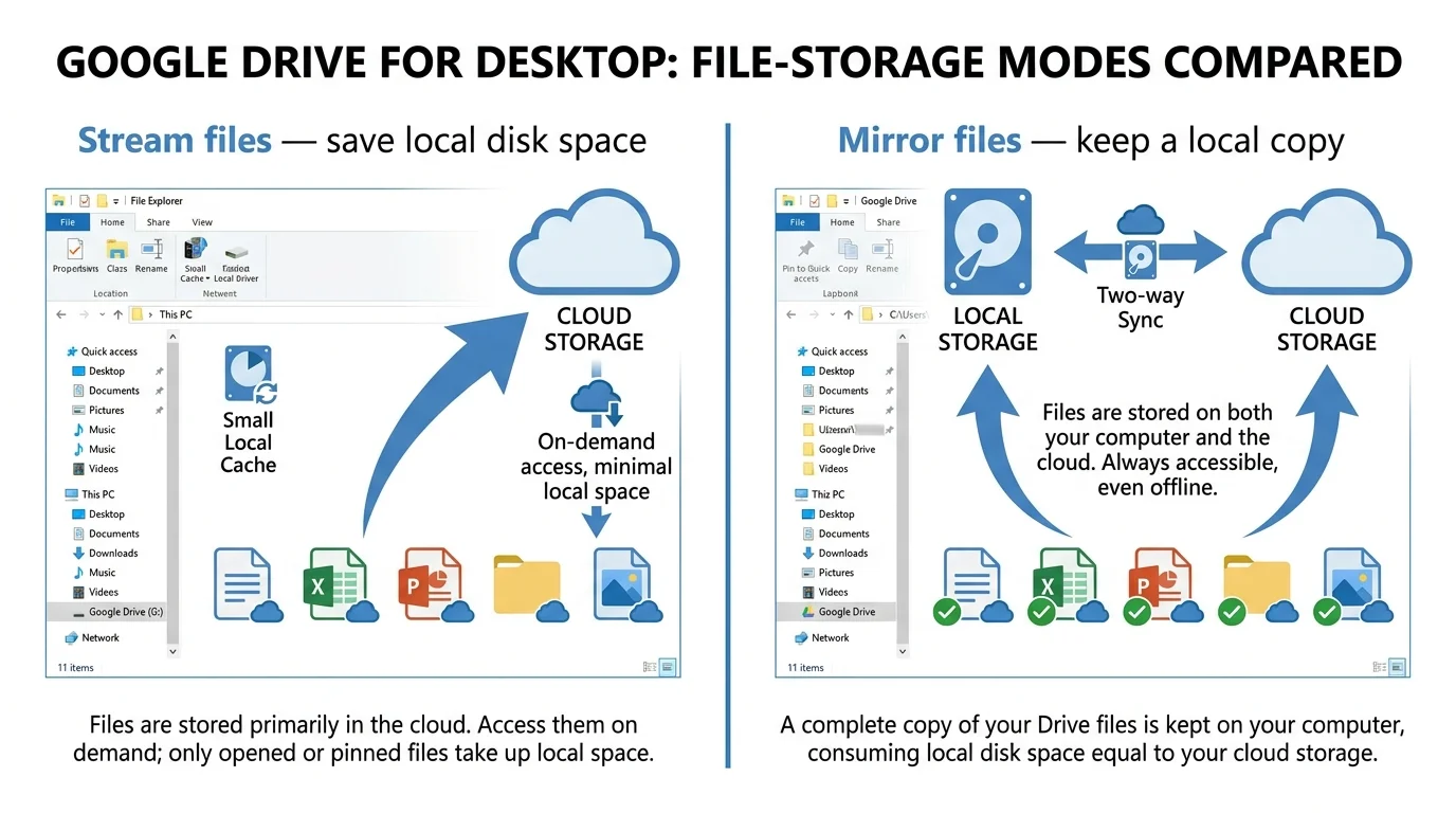 Comparison illustration showing streamed Google Drive files in a virtual drive and mirrored files stored locally