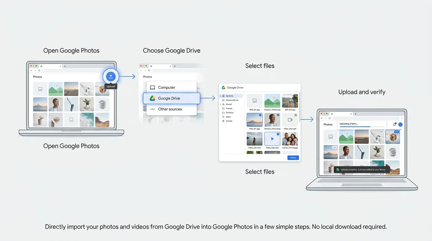 A generic browser interface showing a Google Drive source, selected photo thumbnails, and an upload action leading to a separate photo library