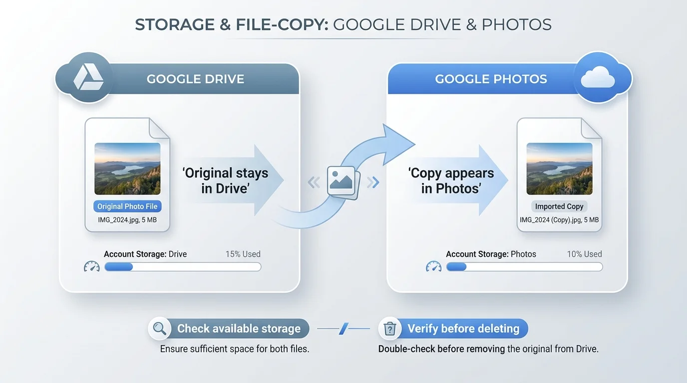 A generic cloud storage meter beside separate Drive and Photos file collections, illustrating that an imported copy also uses Google Account storage