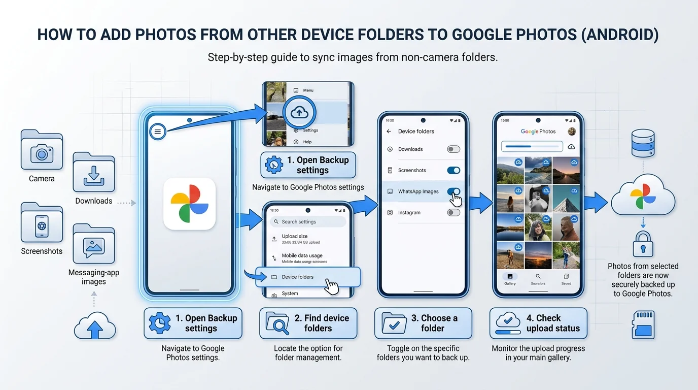An Android phone with a photo grid and folder icons representing manual backup and device-folder selection