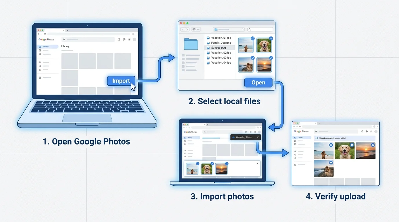 A laptop with a photo grid and a local file picker, illustrating selecting files to upload to Google Photos