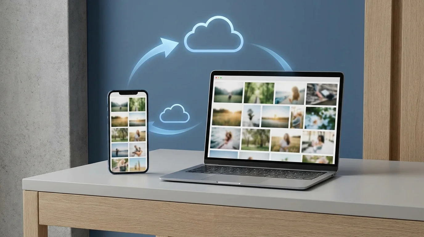 A laptop and smartphone showing photo libraries and upload symbols, representing adding photos to Google Photos