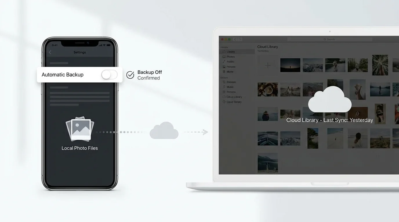 A clean conceptual illustration of a phone with backup switched off and a separate cloud library remaining visible on a laptop, showing that stopping uploads does not remove existing cloud photos