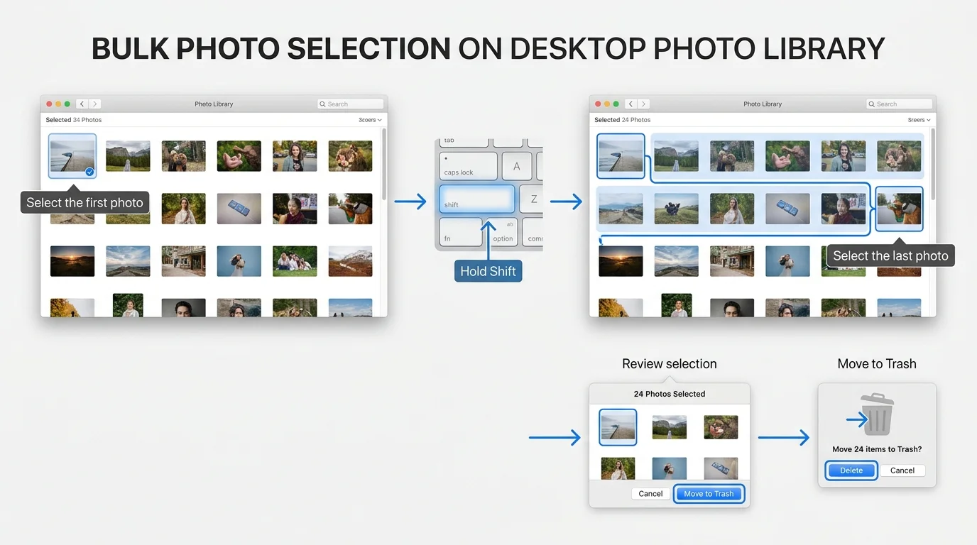 A desktop photo grid illustrating selection of a continuous range before bulk deletion