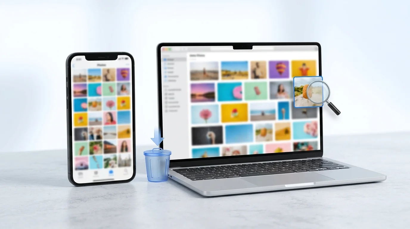 A laptop and smartphone displaying photo libraries beside a trash symbol, representing careful bulk photo deletion