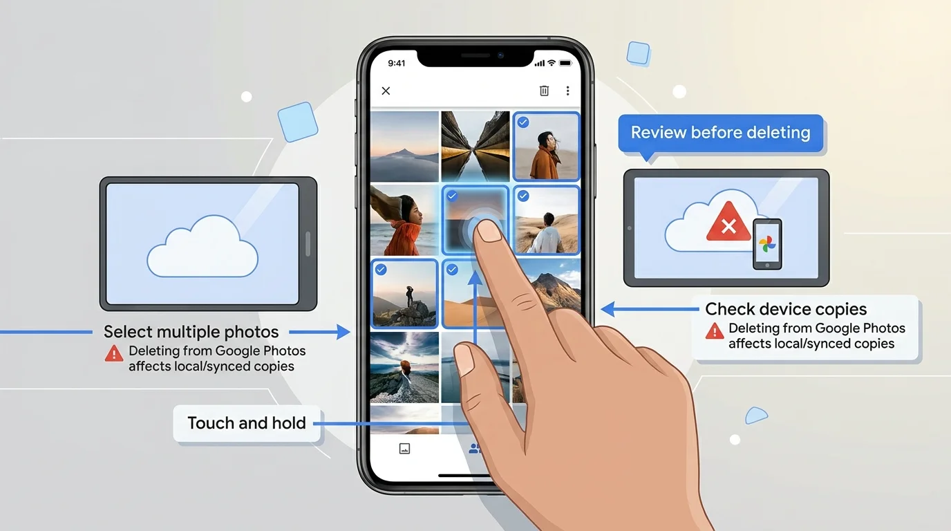 A smartphone with multiple selected photo thumbnails and a separate trash confirmation concept
