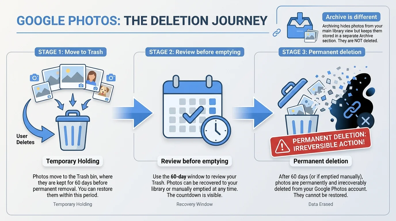 A photo grid flowing into a Trash area, with a separate warning illustrating that permanent deletion cannot be undone