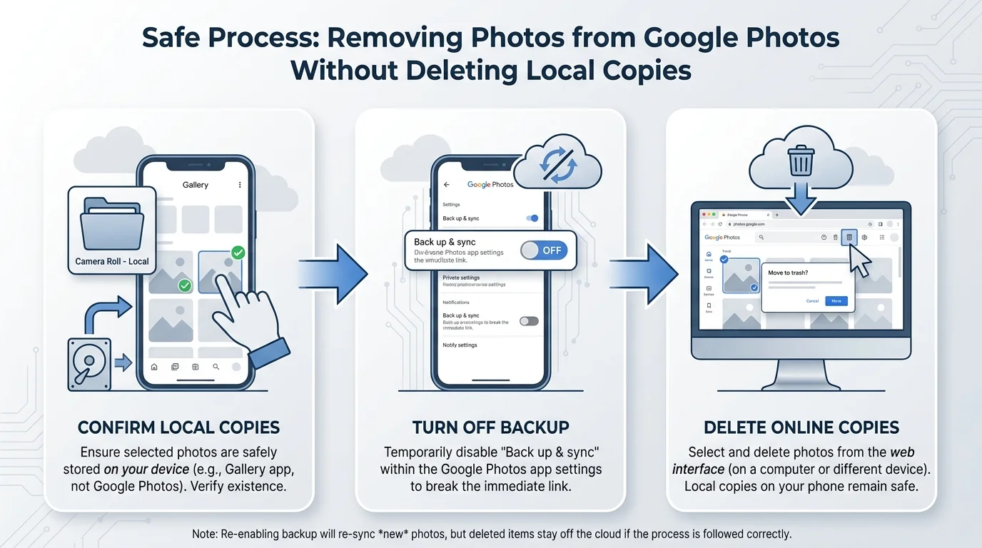 Three-step illustration showing a user checking a local photo copy, turning off backup, and deleting the cloud copy in a web browser