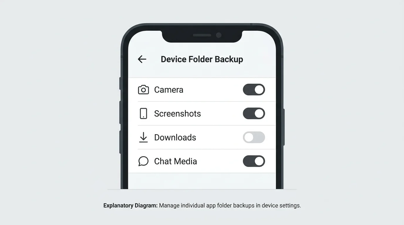An illustrative Android photo settings screen showing separate device folders with backup toggles, such as Camera, Screenshots, and Downloads