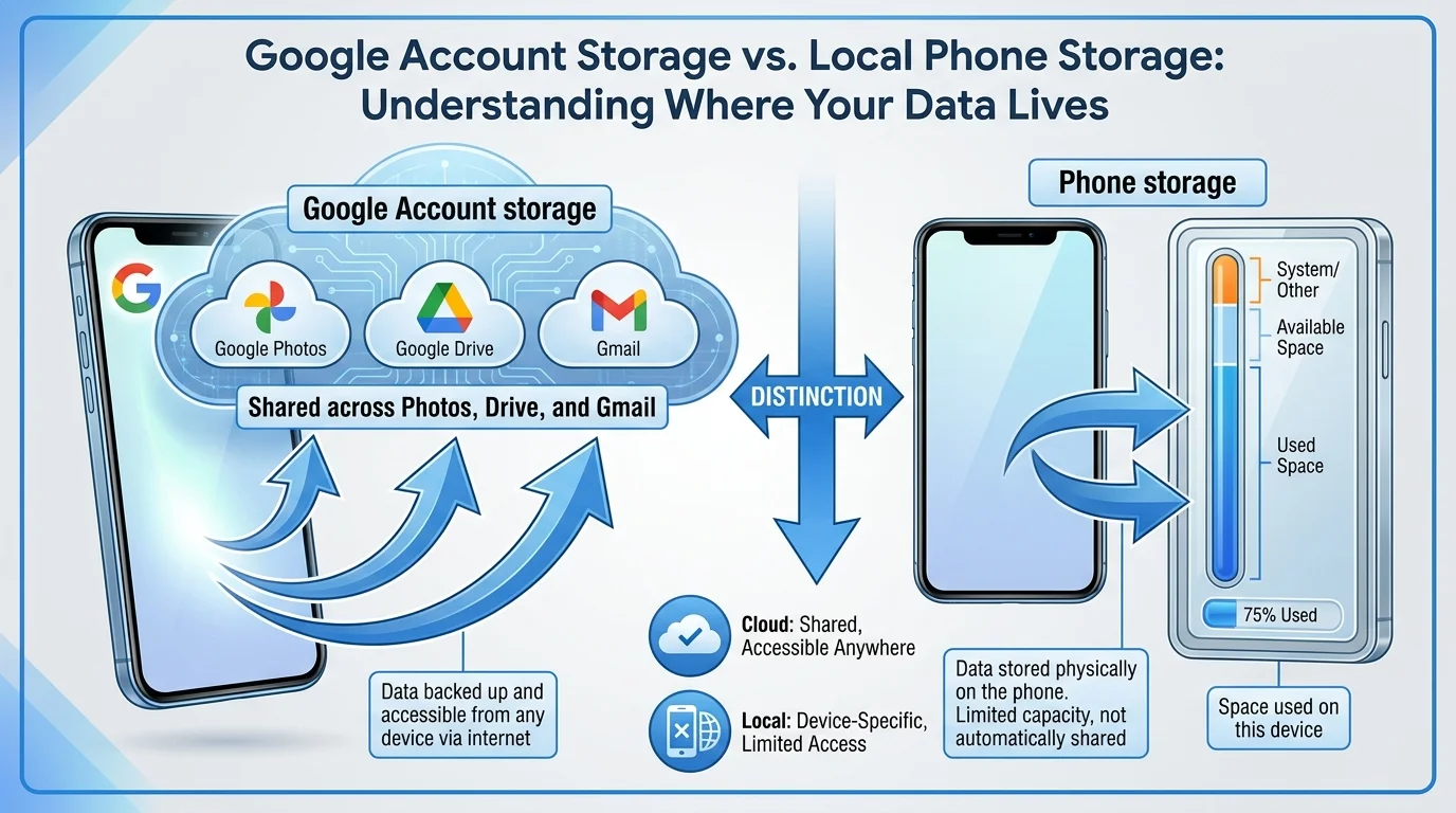 A comparison showing cloud account storage shared across Google Photos, Drive, and Gmail separately from local phone storage