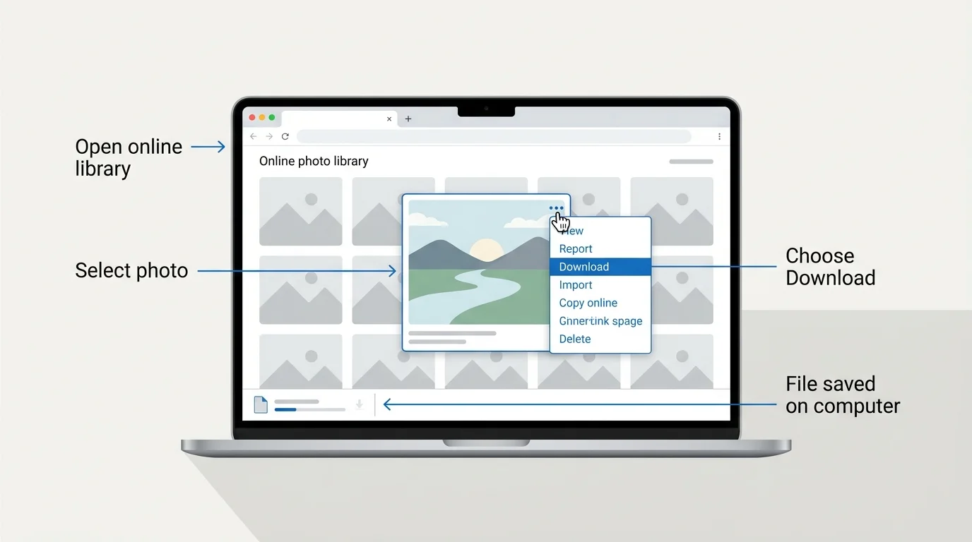 A desktop browser with a generic photo viewer and a highlighted download control, illustrating how to download one photo to a computer