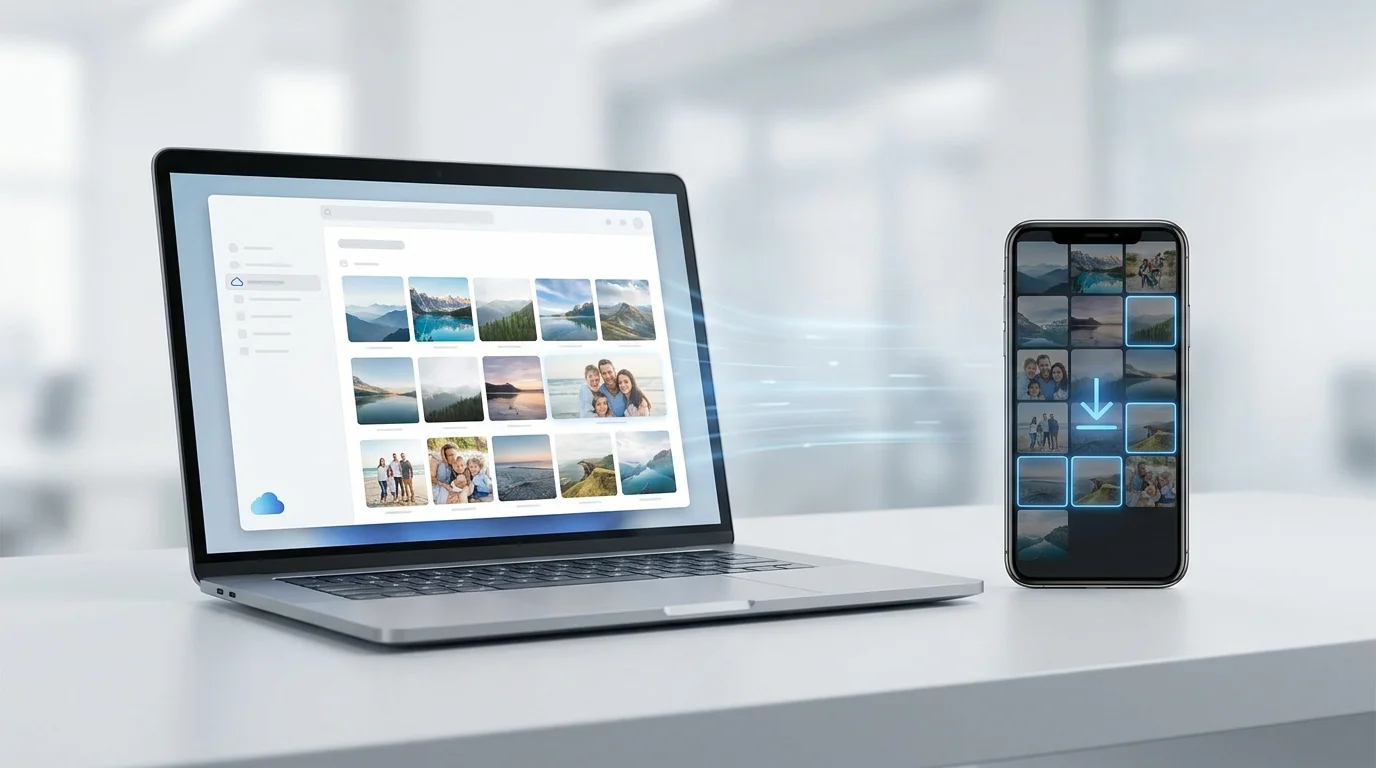 A laptop and smartphone showing a generic photo library with a download icon, illustrating how to save Google Photos to a device