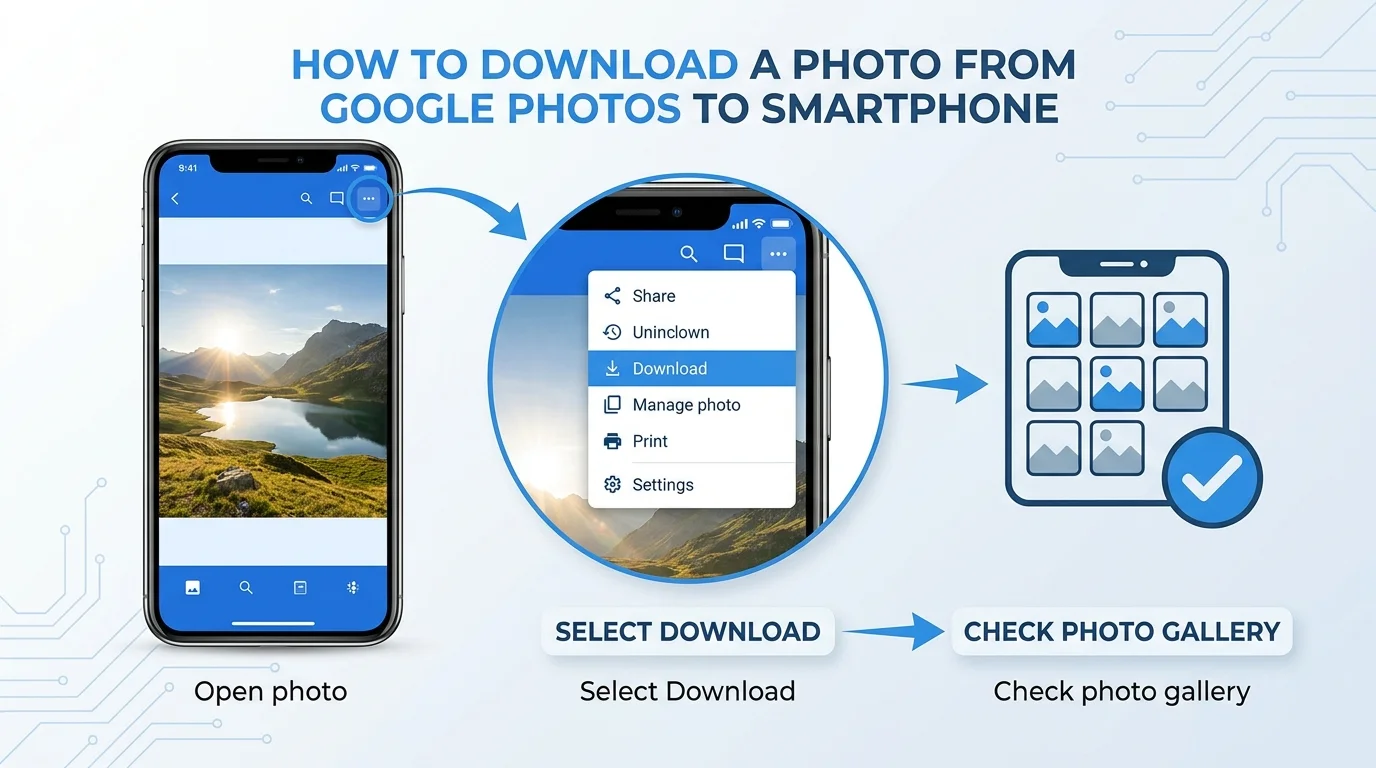 A generic Android smartphone showing a photo open in a cloud photo app with the Download action highlighted