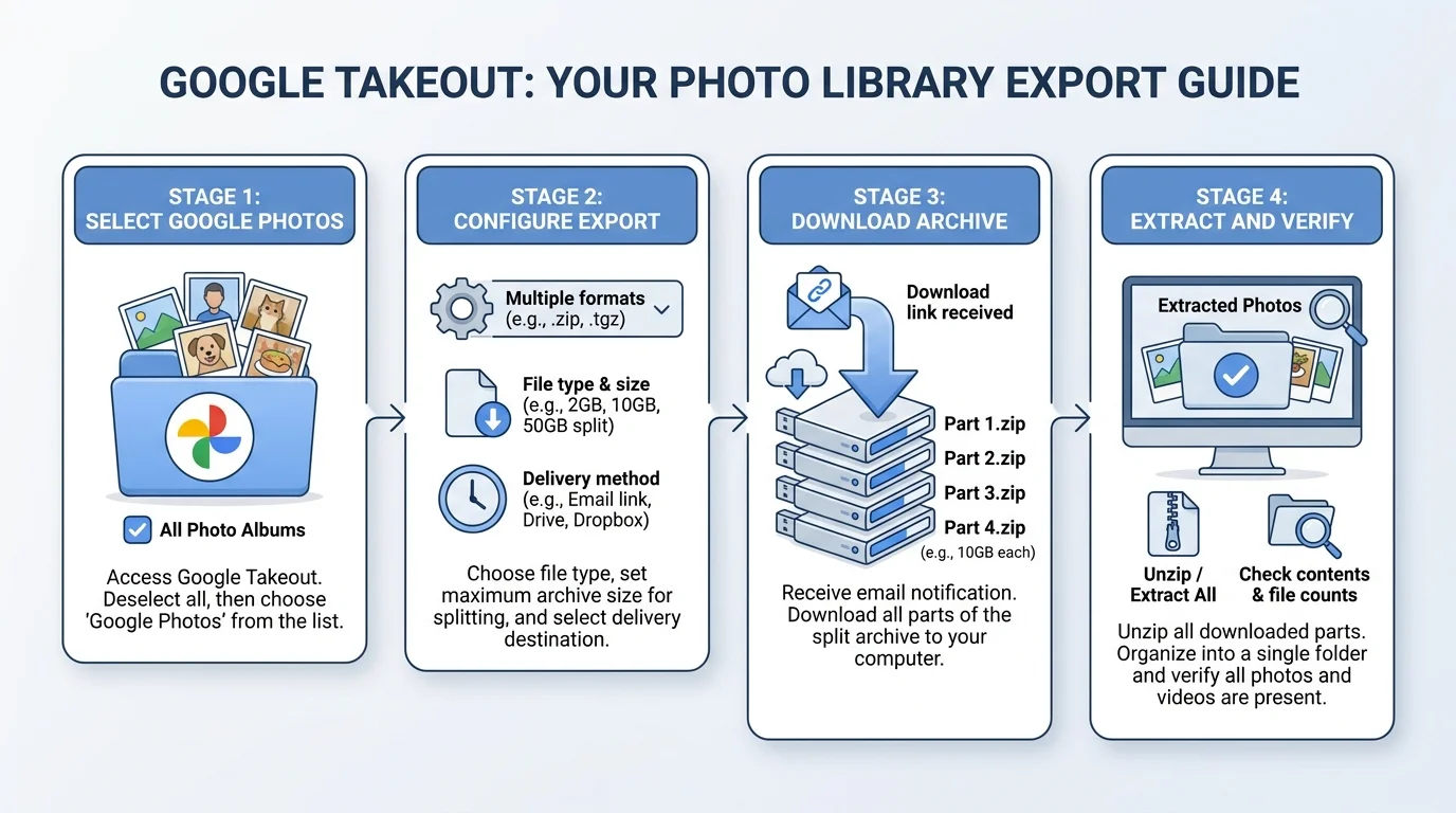 A laptop displaying a generic export progress concept beside folders and photo thumbnails, illustrating a full Google Photos library export