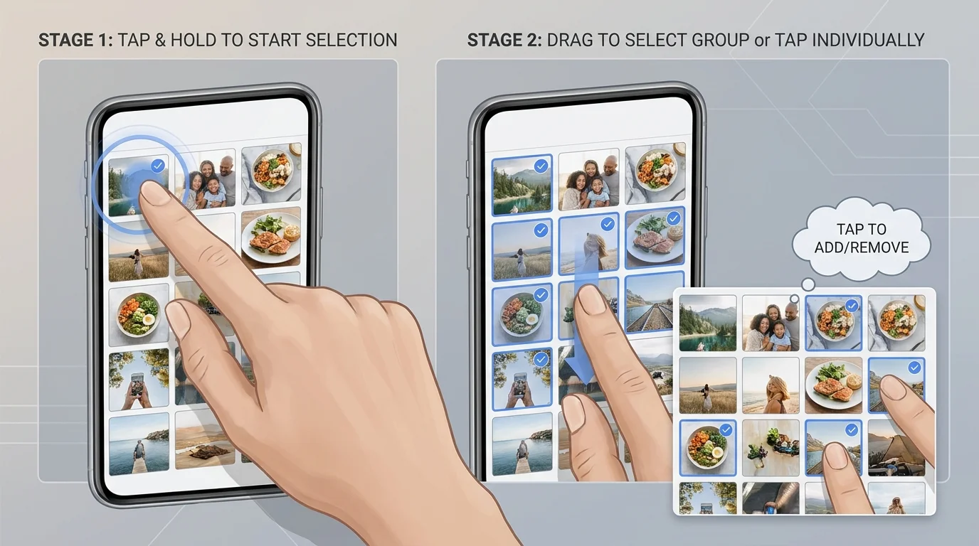 A generic Android phone photo grid showing the touch-and-hold multi-selection gesture and selected thumbnails