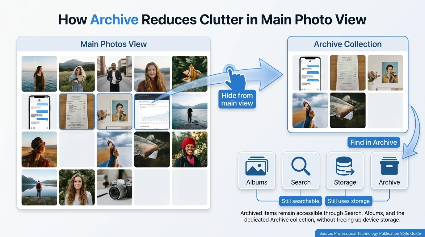 A generic photo library with selected screenshots and receipts moved into an Archive collection