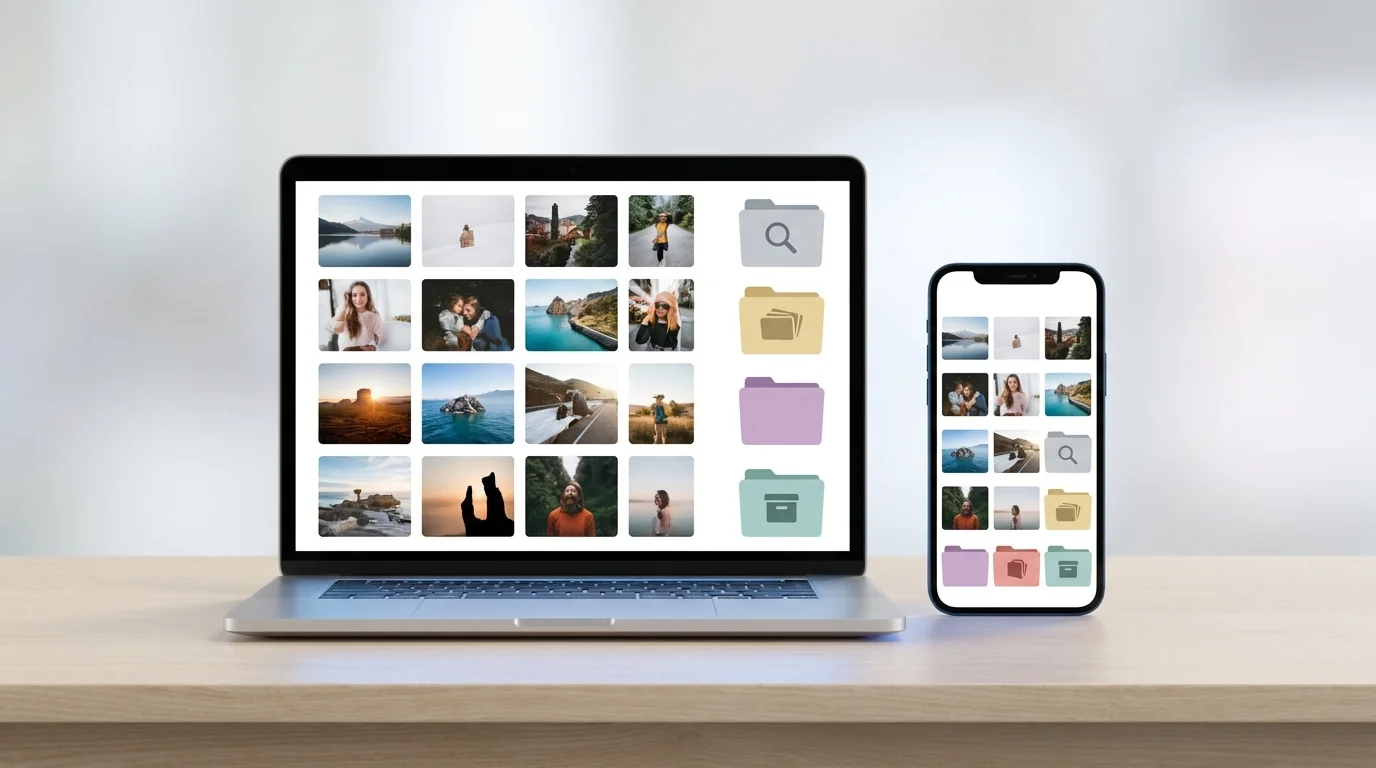 A laptop and smartphone showing an organized photo library with albums and a clean photo grid