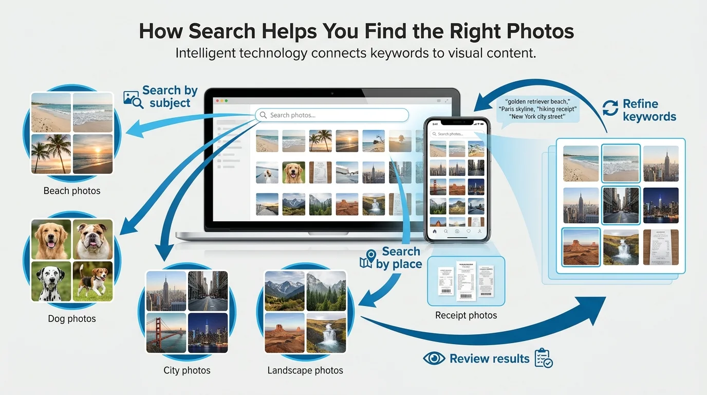 A generic photo search interface on a laptop and smartphone showing matching images grouped by search terms