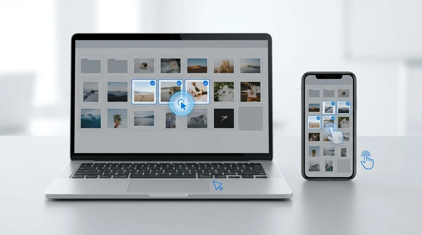 A laptop and smartphone beside a generic photo grid with several thumbnails highlighted, illustrating how to select many photos in Google Photos